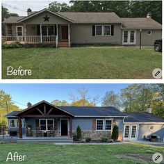 before and after pictures of a house in the middle of a yard with grass on both sides