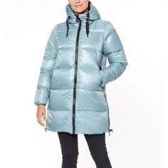 Stylus Quilted Puffer Women Long Icy Blue Hooded Down Coat Size L Expandable New Blue Nylon Parka With Adjustable Hood, Blue Nylon Outerwear With Double-lined Hood, Blue Down Outerwear With Double-lined Hood, Blue Nylon Parka With Detachable Hood, Blue Nylon Winter Parka, Blue Nylon Parka For Winter, Blue Down Puffer Jacket With Detachable Hood, Blue Puffer Jacket With Adjustable Hood For Cold Weather, Blue Nylon Winter Outerwear