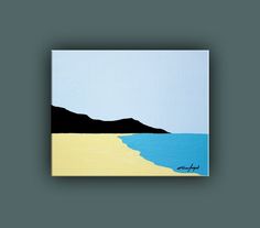 an abstract painting of a beach with mountains in the distance and blue sky above it