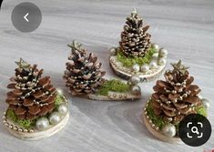 four miniature pine cones with moss and pearls on the bottom one is decorated in white