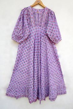 "ITEM DESCRIPTION purple flowery printed cotton long maxi dress - Henley neckline with buttons maxi dress - 3/4th sleeve with button maxi dress Features: 3/4th sleeve, Henley neck, Long dress Material: Cotton cambric Fabric: 100% cotton soft light weight ethnic print fabrics  Sleeve Length = 18 inch For more sizes & their measurement, please refer our below chart to understand the sizes variations available with us For your size requirement, please mention your size in seller note at the time of Bohemian Floral Print Maxi Dress With 3/4 Sleeves, Bohemian Maxi Dress With 3/4 Sleeve Floral Print, Floral Print Half Sleeve Maxi Dress, Spring Maxi Dress With Block Print And 3/4 Sleeve, Cotton Maxi Dress With Ditsy Floral Print, Cotton Maxi Dress With Half Sleeves, Spring Anarkali Embroidered Maxi Dress, Spring Anarkali Maxi Dress, Half Sleeve Cotton Floral Print Dresses