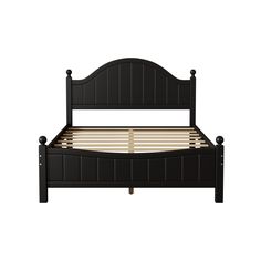 a black bed frame with wooden slats