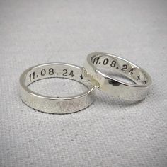 Handmade Sterling silver pinky promise rings. Your special date stamped inside, or a significant word of your choice. Just pop me a note with your order. Lovely alternative to traditional engagement rings.  *This listing is for TWO rings* ℹ️TECHNICAL INFO: Made in my Northumberland workshop (UK) from 100% recycled sterling silver. Each ring is 1.2mm and 4mm wide. This gives them a quality feel which is not too heavy. The rings will be made with a hammered, polished finish, unless requested other Pinky Promise Rings, Pinky Promise Ring, Date Ring, Traditional Engagement, Pinky Rings, Silver Promise Rings, Ring Bands, Traditional Engagement Rings, Sterling Silver Promise Rings