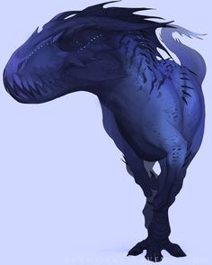 a blue dragon standing on its hind legs with it's head turned to the side