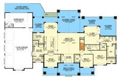 the first floor plan for a home with two master suites and an attached garage area