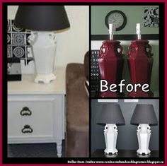 before and after photos of a white nightstand with red vases on top, then in the bottom photo