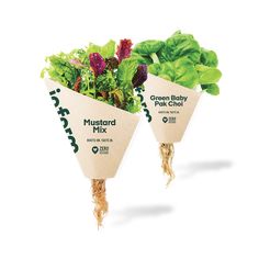 three paper cones filled with lettuce and other vegetables on top of each other