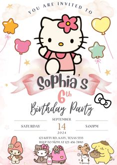 a hello kitty birthday party with balloons and animals on it's side, including the name