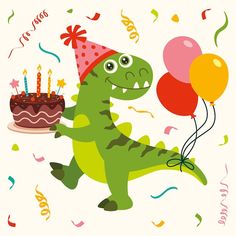 a dinosaur with a birthday cake and balloons