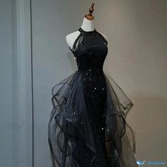 Orcajump - Sparkling Sequin Evening Gown with Train for Formal Events and Hosting Adult Evening Gown Skirt Wedding Dress, Black Ball Gown, Sequin Evening Gowns, Black Evening Gown, Princess Sleeves, Halter Gown, Pretty Dress, 70 Dress, Gorgeous Gowns