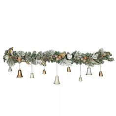 a christmas garland with bells hanging from it's sides and pine cones on top