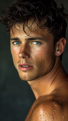 a shirtless man with wet hair and blue eyes looks at the camera as he stands under water droplets