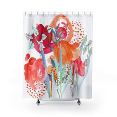 a shower curtain with watercolor flowers and leaves on the outside, against a white background