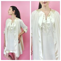 This incredible 1960s almond yellow colored sleep set is perfect for those warm summer nights. The breathable nylon is sheer yet cute and allows for a comfortable sleep. The satin around the robe and nightgown edges elevates this nightgown to a luxurious nights dream. It is meant to be loose fitting in nature, and as such would likely best fit a modern Small to Medium. Model is modern size 4/6. Dress form is modern size 8.  FREE SHIPPING! Robe Measurements : Bust: 38 inches Waist: open Hips: open Length: 34 inches Sleeves: 19 inches Night gown Measurements : Bust: 36 inches Waist: 40 inches Hips: 41 inches Length: 32 inches Good Vintage Condition- Some overall wear to piece. Some tiny pulls and creases to the fabric.  All measurements are approximate as they are taken laid flat. For garmen Cream Wedding Sleepwear For Spring, Sheer Cream Sleepwear For Wedding Night, Spring Wedding Cream Sleepwear, Vintage Cream Sleepwear For Wedding Night, Cream Sheer Nightgown For Sleep, Vintage Beige Sleepwear For Loungewear, Sheer Cream Nightgown For Sleep, Vintage Sheer Sleepwear For Sleepover, Cream Vintage Sleepwear For Spring