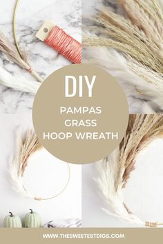 the words diy pampas grass hoop wreath on top of white and brown feathers