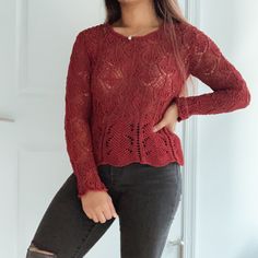 This Rare Nwot Zara Sweater Is A Lovely Burnt Orange/Red Shade! It’s An Open Knit That’s Perfect For The Transition Between Summer And Fall. The Style Has A Little Bit Of Flare To The Waist So It Looks Almost Like Peplum! The Knit Is Super Loose And Open, Almost Like A Crochet Style. I Highly Recommend A Cami Underneath, Otherwise Expect That Your Bra Will Show Through And Dress Accordingly! It Also Runs Small. Took The Tags Off Hoping That I’d Wear This But Never Did :( Make Me An Offer! Fall Crochet Lace Stretch Tops, Crew Neck Knit Top With Crochet Lace, Casual Crochet Lace Crew Neck Sweater, Casual Crew Neck Sweater With Crochet Lace, Knit Top With Crochet Lace Crew Neck, Bohemian Textured Knit Crochet Top For Fall, Crochet Lace Knit Top With Crew Neck, Fitted Crochet Top For Fall Layering, Casual Knit Sweater With Crochet Lace