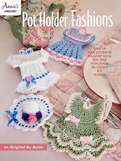 crochet patterns and instructions for potholders, dresses, hats, diapers