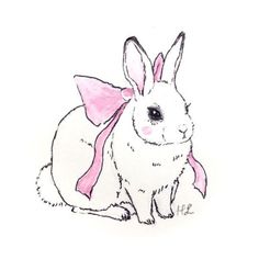 a drawing of a rabbit with a pink ribbon on its head and ears, sitting down