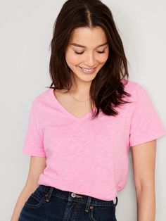 Our EveryWear T-shirts are super-soft, with a comfortable, relaxed fit.  Wear 'em with everything ✔️ Rib-knit V-neck.  Short sleeves.  Lightly enzyme-washed, slub-knit 100% cotton-jersey.  Draped, relaxed fit through body.  Regular length from sh V Neck Tshirt Outfit, Solid Color V-neck T-shirt For Summer, V-neck T-shirt For Summer, Casual Cotton V-neck T-shirt, Spring Cotton V-neck T-shirt, Pink Relaxed Fit V-neck T-shirt, Solid Color Relaxed Fit Short Sleeve V-neck Top, Solid Color Relaxed Fit V-neck Short Sleeve Top, Solid Color V-neck Short Sleeve Top With Relaxed Fit