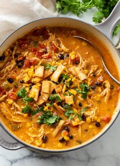 a large pot filled with chicken tortilla soup and garnished with cilantro