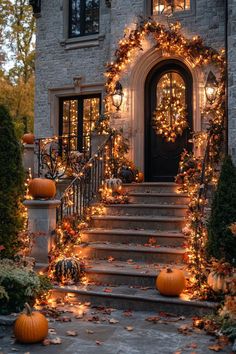 Fall staircase wrapped in twinkling fairy lights and orange ribbons for a cozy atmosphere.webp Fall Staircase, Romanticizing Fall, Staircase Decor Ideas, Fall Aesthetics, Workout Inspo, Thanksgiving Decorations Diy, Future Room, Fall Stuff, Staircase Decor