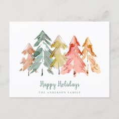 watercolor christmas trees with the words happy holidays