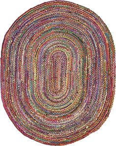 an oval rug made out of multicolored yarn