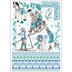 a cross stitch pattern with people riding on sleighs and snowflakes