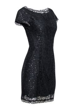 Upgrade your little black dress game with this sparkly stunner from Joie. The shimmering metallic lace adds a touch of twinkle to this dazzling dress. With its cap sleeve and bateau neckline, this number exudes elegance and flatters with its sheath silhouette. Pair with strappy silver heels for a glam look. Size S Shell 84% Nylon, 16% Metallic Lining 100% Polyester Hidden side zip Bateau neckline Cap sleeve Sheath silhouette Bust 31.5" Waist 26" Shoulder to hem 35.5" Party Lace Dress With Scalloped Lace And Stretch, Scalloped Lace Stretch Dress For Party, Elegant Black Stretch Lace Dress, Stretch Scalloped Lace Dress For Party, Elegant Stretch Lace Evening Dress, Elegant Stretch Lace Dress For Night Out, Evening Stretch Lace Dress With Scalloped Lace, Stretch Lace Evening Dress, Black Sheath Lace Party Dress