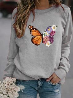 Flower Butterfly Print Long Sleeve Sweatshirt for Women Gray Crew Neck Sweatshirt For Spring, Long Sleeve Cotton Tops With Butterfly Print, Spring Crew Neck Top With Butterfly Print, Spring Long-sleeve Tops With Butterfly Print, Spring Long Sleeve Tops With Butterfly Print, Spring Butterfly Print Long Sleeve Tops, Gray Letter Print Sweatshirt For Spring, Long Sleeve Tops With Butterfly Print For Fall, Trendy Teen Fashion