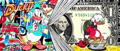 the donald duck dollar bill is in front of some graffiti