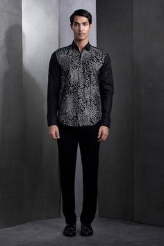 Black cotton shirt with all over geometric pattern and contrast silk thread hand embroidery. - Aza Fashions Elegant Black Festive Shirt, Designer Black Tops For Festive Season, Designer Black Tops For Festive Occasions, Festive Black Embroidered Shirt, Black Embroidered Shirt For Formal Occasions, Formal Black Embroidered Shirt, Festive Black Cotton Shirt, Designer Embroidered Black Shirt, Designer Black Embroidered Shirt