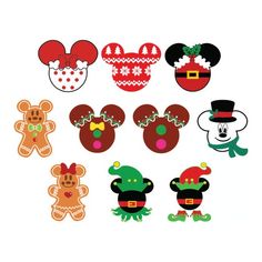 mickey and minnie mouse christmas cut outs are shown in various colors, shapes and sizes