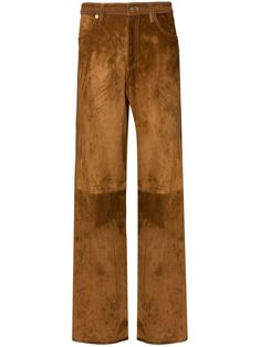 Wide leg trousers in tobacco brown suede from Golden Goose with high waist, 5 pockets, tone-on-tone corduroy inserts, Star detail on the back. Brown High Waist Leather Pants, High Waist Brown Pants With Five Pockets, Brown High-waist Leather Pants, Luxury Brown Workwear Bottoms, Brown Suede Bottoms, Luxury Brown Bottoms For Workwear, Brown Corduroy Pants For Work, Brown Leather High-waisted Pants, Luxury Brown Straight Pants