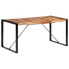 a wooden table with black metal legs and a wood slab on the top, against a white background