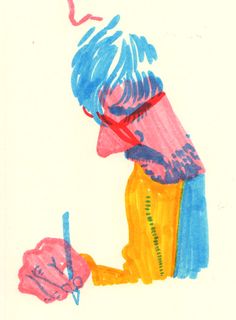 a drawing of a person writing on a piece of paper with a pen in his hand