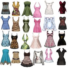 a bunch of dresses that are all different colors and sizes, including one in the middle