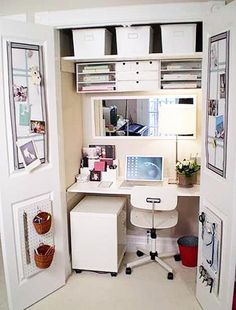 an organized home office with lots of storage space and white desks in the corner