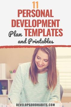 a woman sitting at a desk writing on paper with the title 11 personal development templates and printables