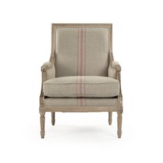 an upholstered chair with striped fabric on the armrests and back rest