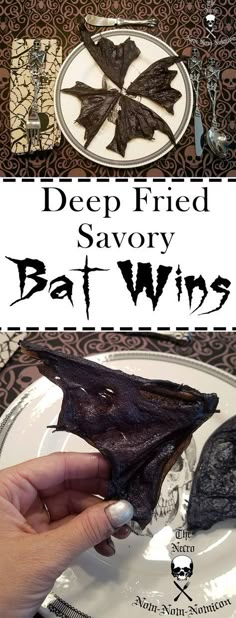 a hand holding a bat on top of a white and black plate with words deep fried savory bat wings