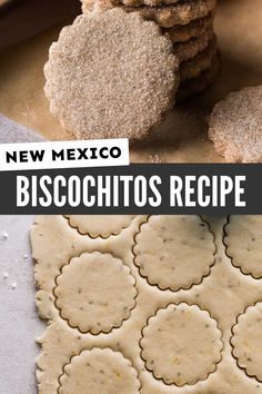 some cookies are stacked on top of each other with the words new mexico biscuits recipe