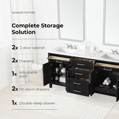 a bathroom vanity with two sinks and an open drawer underneath it, labeled complete storage solution