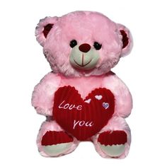 a pink teddy bear holding a heart with the words love you written on its chest