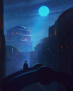 a man sitting on top of a bridge looking at the moon in the sky over some buildings