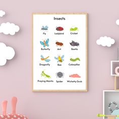 an insect poster hanging on the wall next to a shelf with toys and other items