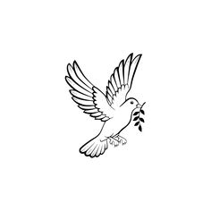 a black and white drawing of a bird with an olive branch in its beak