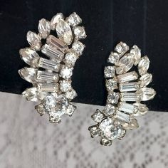 "These vintage rhinestone clip on earrings really make a statement with their sparkle! They measure 1.5\" L x .75\" W" Glam Costume, Glitzy Glam, Rhinestone Brooches, Earrings Statement, Vintage Rhinestone, Cool Items, Kingston, Silver Band, Jewelry Earrings Studs