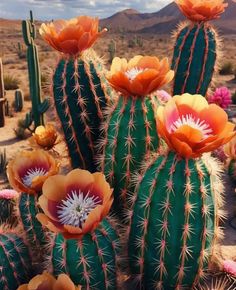 several cactus plants in the desert with mountains in the background