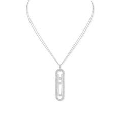 A chic, 18K white gold necklace from the Move collection showcasing a .22ctw diamond encrusted cage pendant with three freely moving diamonds in the center. Hangs from a 31.5-inch double chain. Luxury Diamond Rectangular Pendant Jewelry, Luxury Diamond Necklace With Rectangular Pendant, Luxury Necklace With Detachable Rectangular Pendant, Luxury Diamond Necklace With Rectangular Pendant For Formal Events, Luxury Diamond Necklace With Rectangular Pendant For Formal Occasions, Luxury Formal Diamond Necklace With Rectangular Pendant, Diamond Pendant Chain Necklace With Diamond Accents, Diamond Pendant Chain Necklace With Accents, Luxury Silver Diamond Necklace With Oval Pendant